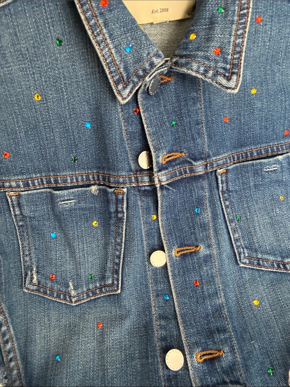 L'AGENCE Janel Blue Denim Jacket with Multicolor Stud Dots - Picture 3 of 6